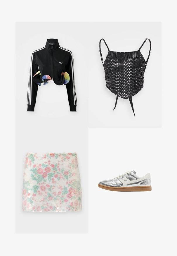 Schwarze Zip-Up-Jacke mit hohem Kragen, weißen Seitenstreifen und bunten Rüschendetails am Saum. Hergestellt aus glattem, dehnbaren Stoff.; Neon & Nylon RICCA STRAP SCARF - Top - black silver; Stoff mit floralem Muster in Weiß, verziert mit zarten rosa und grünen Blumen. Die Oberfläche ist strukturiert und entlang des unteren Randes sind subtile Pailletten eingearbeitet.; Niedriger Sneaker mit metallisch silbernem Obermaterial, weißen Lederakzenten, cremefarbenen Schnürsenkeln und hellbrauter Gummisohle, seitlich dargestellt.