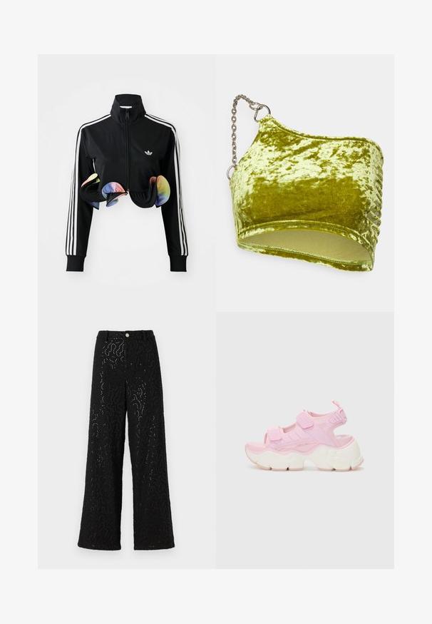 Zwarte zip-up jas met hoge kraag, witte zijstrepen en kleurrijke gerimpelde accenten aan de onderrand. Gemaakt van glad, rekbaar materiaal.; The Ragged Priest SPAWN - Top - green; Zwarte broek met brede pijpen en een textuur oppervlak, versierd met metallic accenten en een subtiel golvend patroon. Drukknopen sluiting bij de taille.; Roze sportieve sandalen met verstelbare banden, stevige witte zool en textuurdetails op de bovenkant. Minimalistisch design met contrasterende accenten.