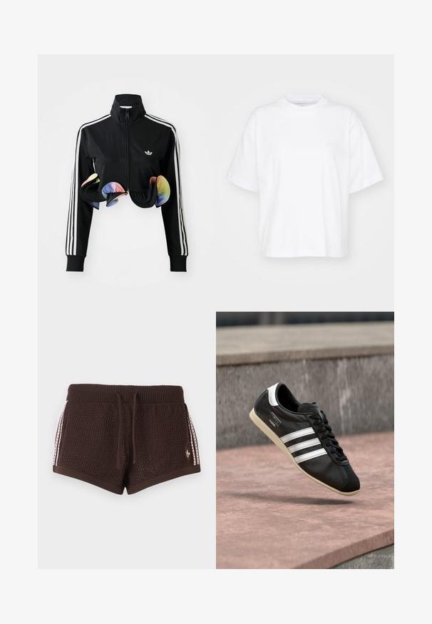 Schwarze Zip-Up-Jacke mit hohem Kragen, weißen Seitenstreifen und bunten Rüschendetails am Saum. Hergestellt aus glattem, dehnbaren Stoff.; Weißes Baumwoll-T-Shirt mit Rundhalsausschnitt, kurzen Ärmeln und lockerer Passform. Verfügt über ein dezentes Logo auf der linken Brustseite. Glatte Textur.; Dunkelbraune Strickshorts mit geripptem Bund, vorderen Kordeln und weißen Seitenstreifen mit kleinem Adidas-Logo am rechten Bein.; Schwarzer Ledersneaker mit weißen Streifen und Sohle, geschnürt, schwebt über einer rosa gefärbten Betontfläche vor einer grauen Steinmauer im Hintergrund.