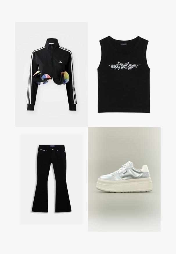 Zwarte zip-up jas met hoge kraag, witte zijstrepen en kleurrijke gerimpelde accenten aan de onderrand. Gemaakt van glad, rekbaar materiaal.; Zwarte mouwloze top van katoen; met een metallic zilveren vlinder en tribale patroonontwerp over de borst. Ronde halslijn.; Zwarte flared jeans met vijf zakken, zilveren knoop en klinknagels, en een Juicy Couture-label op de tailleband en het muntzakje.; Chunky plateau sneaker met metallic zilveren bovenwerk, witte veters en dikke crème-gekleurde textuurzool, zijaanzicht op neutrale achtergrond.