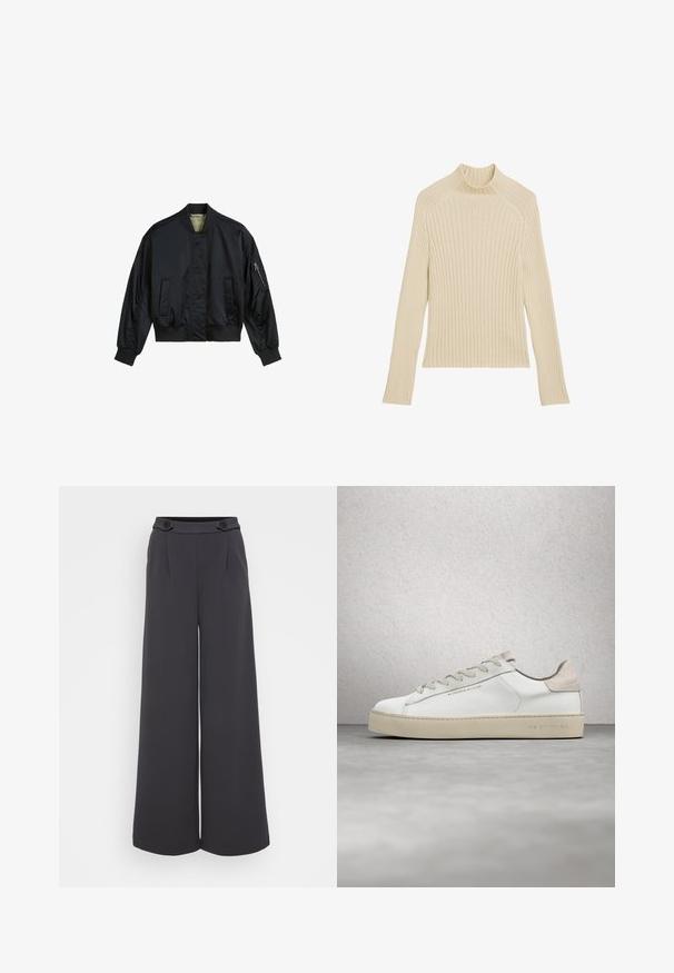 Zwarte bomberjack gemaakt van glad nylon. Beschikt over een hoge kraag, ribgebreide manchetten en zoom, twee voorzakken en een ritszak op de mouw.; Geribbeld gebreide longsleeve top in off-white met een hoge kraag en een slim fit. Heeft een verticale textuur en een cropped zoom.; Wijdvallende broek in donkergrijs stof. Heeft plooien aan de voorkant en twee decoratieve knopen op de tailleband. Soepele textuur en op maat gemaakte pasvorm.; Witte leren sneaker met een glanzende afwerking, beige suède accenten, ronde neus, platte vetersluiting en een getextureerde rubberen zool.
