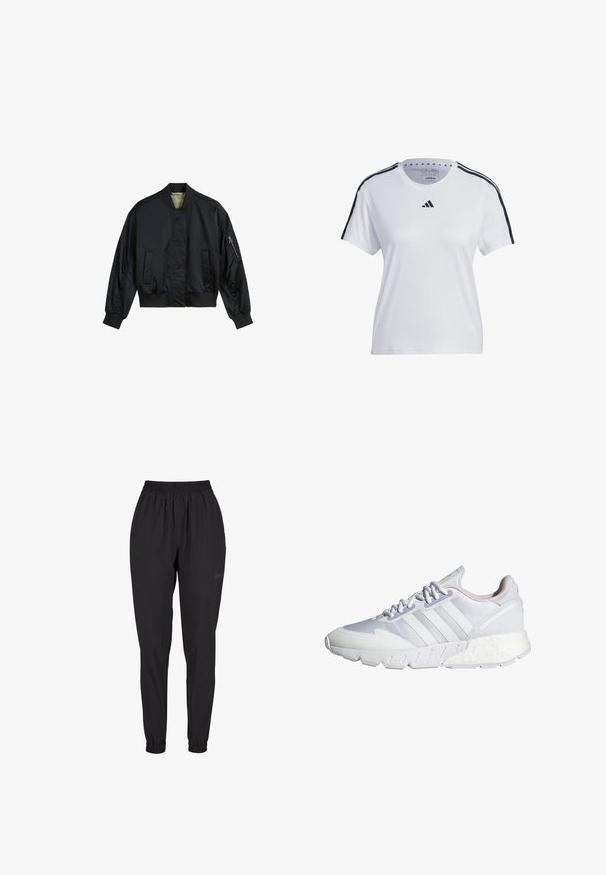 Chaqueta bomber negra hecha de nylon suave. Presenta un collar alto, puños y dobladillo acanalados, dos bolsillos frontales y un bolsillo con cremallera en la manga.; Camiseta atlética blanca de algodón, con rayas negras en los hombros y un logo de Adidas en el pecho. Mangas cortas, diseño de cuello redondo.; Pantalones negros de cintura elástica con puños fruncidos, diseño de pierna recta, fabricados con un material ligero y con un logo sutil en el lateral.; Zapatilla deportiva blanca con un upper texturizado y acentos en tonos pastel, tres franjas en el lateral y una suela blanca gruesa y acolchada.