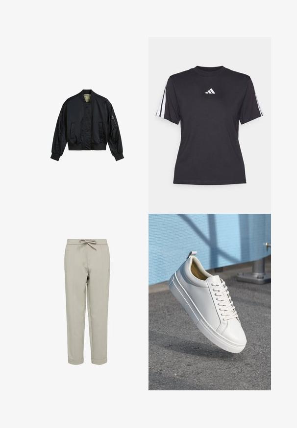 Zwarte bomberjack gemaakt van glad nylon. Beschikt over een hoge kraag, ribgebreide manchetten en zoom, twee voorzakken en een ritszak op de mouw.; Zwarte sport T-shirt van zacht materiaal, met een ronde hals, korte mouwen en drie witte strepen op elke schouder. Witte logo op de borst.; Lichtgrijze broek met een elastische tailleband en een trekkoord. Voorzien van twee zijzakken en smalle pijpen met opgerolde pijpen. Zachte stofstructuur.; Witte leren sneaker met platte veters, ronde neus, rubberen loopzool en een klein trekbandje bij de hiel. Gladde textuur met minimale ontwerpdetaillering.