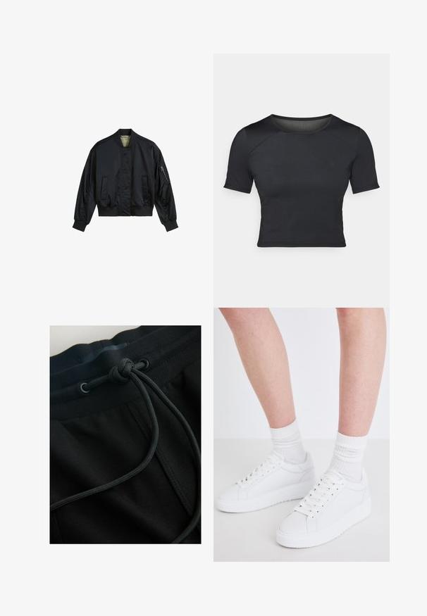 Must musternahk, mis on valmistatud siledast nailonist. Omab kõrget kraed, ribakäiseid ja -äärte, kahte esimest taskut ning lukuga õlavarre taskut.; Must värviline lühikeste varrukatega crop top, mis on valmistatud siledast ja venivast kangast, ümmarguse kaelusega ja õlgadel peente õmblusdetailidega.; Mustad pükstega joggerid, millel on nööriga vöökohad ja tekstuuriga kangas, rõhutades sujuvaid jooni ja minimalistlikku disaini.; Copenhagen Studios CPH72 - Tossud - white