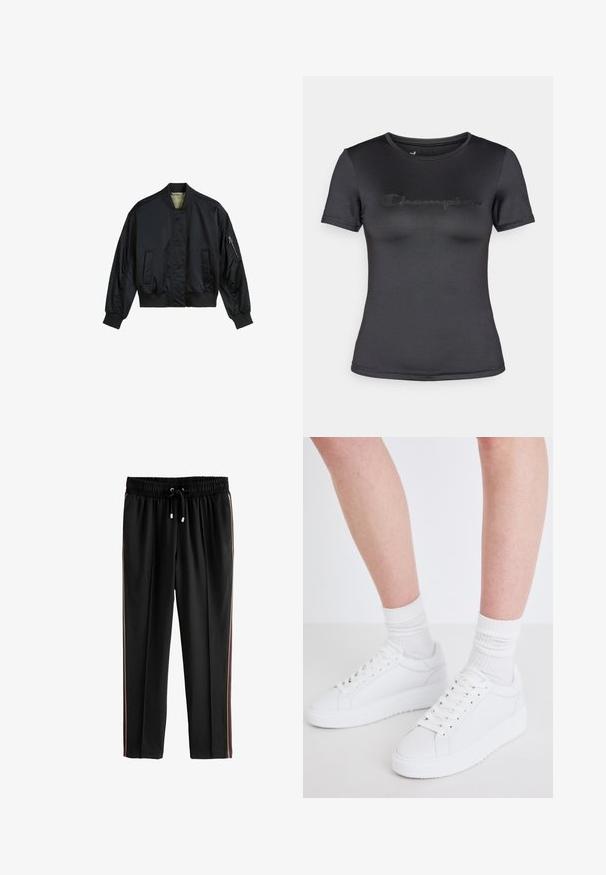 Sort bomberjakke lavet af glat nylon. Har en høj krave, ribbede manchetter og kant, to frontlommer og en lynlåslomme på ærmet.; Sort T-shirt med korte ærmer lavet af glat stof, med et diskret præget "Champion"-logo over brystet og rund halsudskæring.; Next PETITE - Træningsbukser - black; Copenhagen Studios CPH72 - Sneakers - white