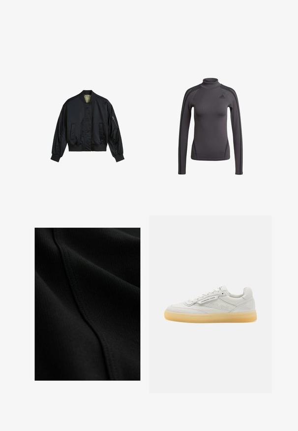Chaqueta bomber negra hecha de nylon suave. Presenta un collar alto, puños y dobladillo acanalados, dos bolsillos frontales y un bolsillo con cremallera en la manga.; Top gris de manga larga con un cuello alto, que presenta un tejido texturizado y franjas negras decorativas en los hombros, con un logo de Adidas en el pecho.; Tela negra con textura acanalada, que presenta detalles sutiles de costura y pliegues suaves y fluidos. Material fino y ligero.; Zapatilla de cuero blanca con acentos perforados, punta redonda y suela de goma crema. Presenta costuras tonales y un diseño minimalista.