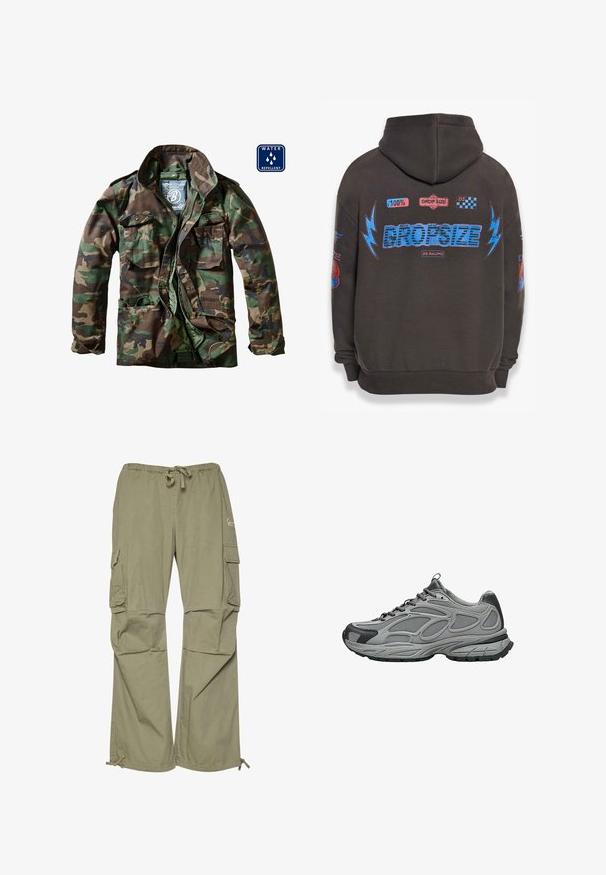 Tarnjacke in Grüntönen und Brauntönen, mit einem Reißverschluss vorne, zwei Brusttaschen und wasserabweisendem Material.; Dunkelgrauer Hoodie mit großem blauen "DROPSIZE"-Text und bunten Grafiken. Mit Kapuze, gerippten Bündchen und verschiedenen aufgedruckten Patches.; Cargo-Hosen in olivgrün, aus leichtem Stoff gefertigt, mit einem elastischen Bund, verstellbaren Bündchen und mehreren Seitentaschen.; Grauer und schwarzer Sportschuh mit Mesh- und synthetischem Obermaterial, dicker strukturierter Sohle, Schnürsenkeln sowie Zuglasche an Ferse und Zunge, Seitenansicht.