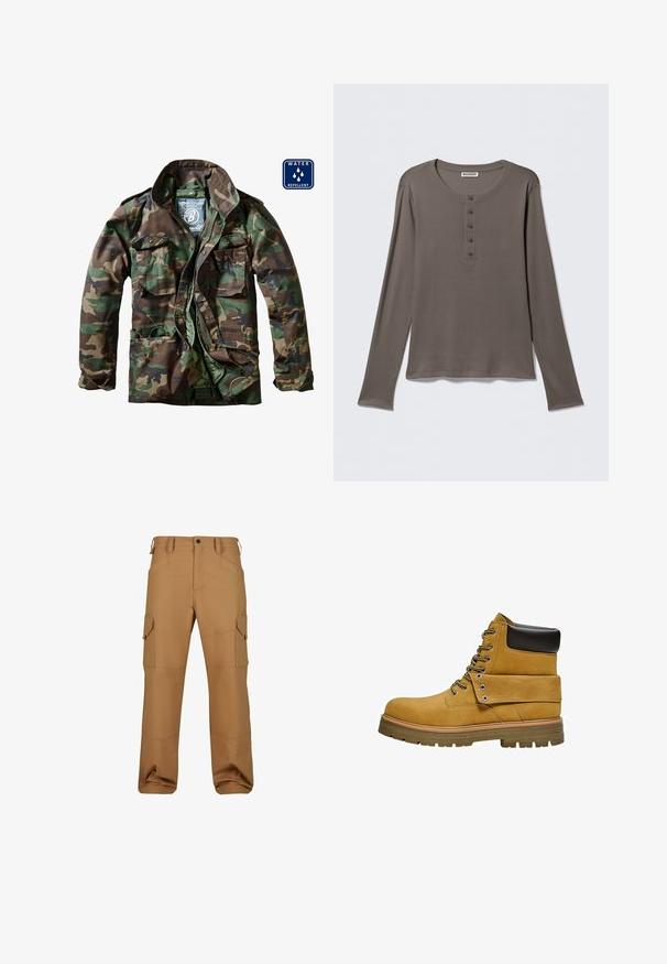Kamuflagejakke i nuancer af grøn og brun, med lynlås foran, to brystlommer og vandafvisende materiale.; Grå henley-shirt med lange ærmer, fem knapper og rund halsudskæring, vist på en ensartet hvid baggrund.; Brune cargo bukser lavet af slidstærkt stof, med flere lommer, en afslappet pasform og forstærkede syninger.; Tanfarvet arbejdsstøvle med sort polstret krave, snørelukning foran, nedfoldelig flap fastgjort med metaløjer og tyk gummisål med dybt mønster.