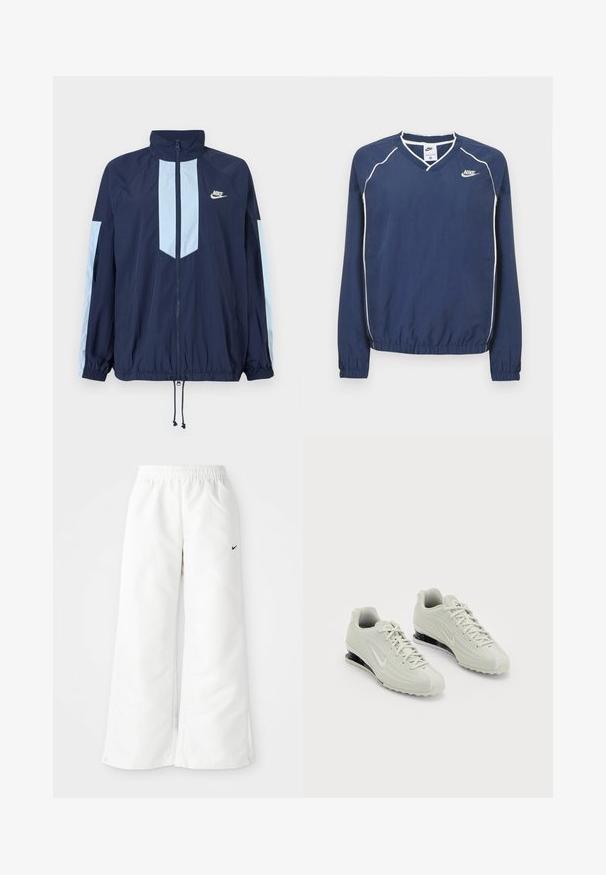 Marineblå vindjakke med lyseblå detaljer, høj krave, fuld frontlynlås og elastiske manchetter. Nike-logo på brystet.; Mørkeblå Nike pullover med lange ærmer og V-hals, hvide striber langs sømmene samt elastiske manchetter og kant. Indeholder et logo på venstre side af brystet.; Hvide atletiske bukser med et bredbenet design, elastisk talje og et lille sort Nike-logo på venstre side. Glat, let materiale.; Hvide Nike sneakers med en tekstureret overdel, der har en glat tæer og sorte polstringselementer. Snørebåndsstil med forstærket hæl.