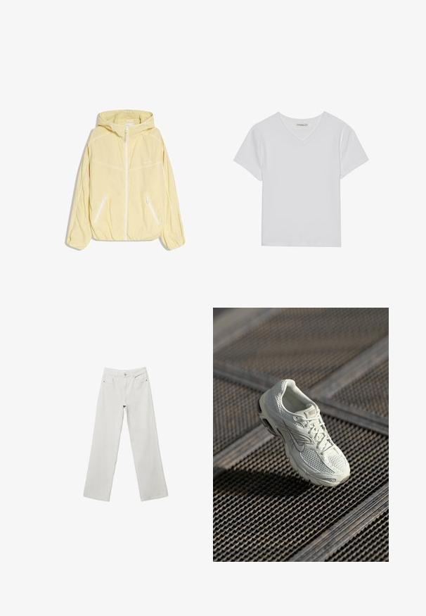 Veste à capuche jaune clair avec fermeture éclair blanche et deux poches zippées inclinées, avec des détails de passepoil blanc sur les manches et la poitrine.; T-shirt blanc à manches courtes en V, en tissu côtelé. Présente un design épuré avec un ourlet droit et un minimum de détails.; Jeans en denim blanc à jambes larges avec taille haute, design à cinq poches et coutures ton sur ton. Braguette à bouton et zipper. Texture lisse.; Baskets de course Nike blanches avec une tige en maille et synthétique reposant sur un revêtement de sol en grille métallique, sous une lumière naturelle douce.