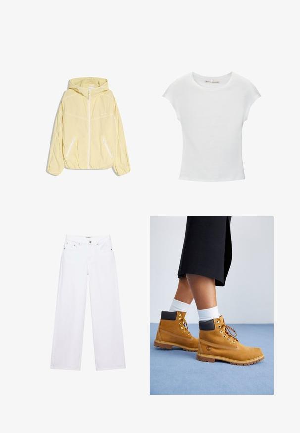 Veste à capuche jaune clair avec fermeture éclair blanche et deux poches zippées inclinées, avec des détails de passepoil blanc sur les manches et la poitrine.; T-shirt en coton blanc avec manches courtes retroussées, encolure ronde et ourlet droit. Texture lisse sans motifs ni accents visibles.; Jean blanc taille haute à jambes larges avec fermeture à boutons et zip, poches avant et arrière, et détails en rivets argentés.; Bottines en suede beige avec des accents en cuir marron, des œillets dorés et une semelle texturée. Chaussettes blanches visibles au-dessus des bottines.
