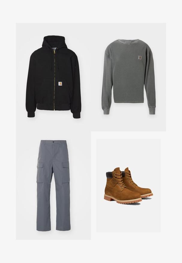 Hoodie zippé noir en mélange de coton. Présente une fermeture éclair dorée, une capuche avec cordon de serrage, une poche kangourou et une petite étiquette logo sur le devant.; Sweatshirt gris à manches longues et col rond avec une texture côtelée, featuring un petit patch logo carré sur la poitrine gauche et des poignets côtelés.; Pantalons cargo gris en tissu résistant. Les caractéristiques incluent une taille élastique, deux grandes poches latérales et une coupe droite.; Bottines en daim marron avec un col rembourré noir, œillets dorés et semelle en caoutchouc épais avec un motif à crampons pour l'adhérence.