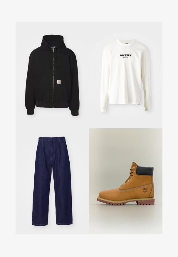 Hoodie zippé noir en mélange de coton. Présente une fermeture éclair dorée, une capuche avec cordon de serrage, une poche kangourou et une petite étiquette logo sur le devant.; Sweatshirt blanc à manches longues en ribet, présentant un logo noir "DICKIES" avec "SINCE '22" en dessous, col rond et manches à poignets.; Jean en denim bleu foncé, design à jambe large, taille haute, avec une fermeture à bouton et un style classique à cinq poches. Texture lisse, couture discrète.; Bottine en cuir marron avec col noir, lacets jaunes et semelle beige. Présente un logo et des détails de couture blanche. Semelle extérieure à traction robuste.
