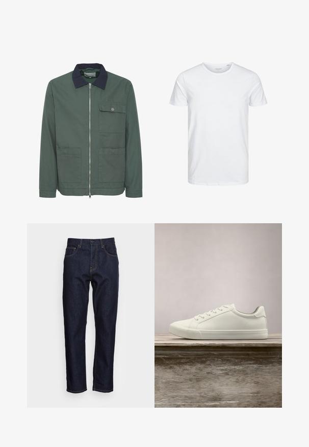 Chaqueta verde con cremallera y cuello azul marino, dos bolsillos frontales y un bolsillo en el pecho. Hecha de un tejido texturizado, presenta un diseño minimalista.; Camiseta de manga corta y cuello redondo en blanco sólido, fabricada en algodón suave, presenta un diseño simple sin patrones ni acentos visibles.; Vaqueros de mezclilla azul oscuro con corte recto, cinco bolsillos y costuras amarillas en contraste. Diseñados con un cierre clásico de botón y cremallera.; Zapatilla blanca con cordones flotando sobre un banco de madera con follaje verde al fondo, mostrando el diseño y la textura del zapato.