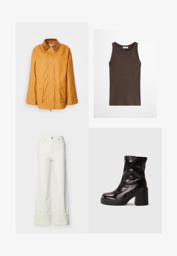 Veste légère jaune avec un col en velours côtelé marron, deux poches avant et une coupe droite. Tissu lisse avec des détails de couture minimaux.; Débardeur marron foncé ajusté sans manches avec encolure ronde, présenté sur un fond clair uni.; Jean blanc à jambes larges avec taille haute, bouton et fermeture éclair à l'avant, passants de ceinture, poches avant et arrière, et ourlets repliés.; Bottine noire brillante à talon bloc épais et bout rond, en cuir lisse avec des détails de couture subtils.