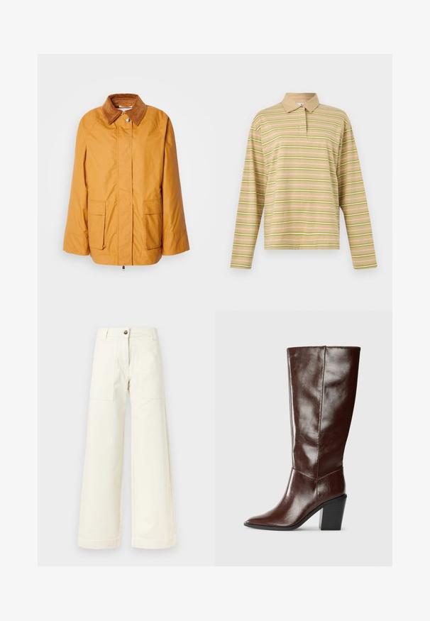 Veste légère jaune avec un col en velours côtelé marron, deux poches avant et une coupe droite. Tissu lisse avec des détails de couture minimaux.; Polo à manches longues beige avec des rayures horizontales vert clair et blanches et un col beige uni.; Pantalon large couleur écrue avec grandes poches plaquées à l'avant, passants pour ceinture et fermeture à un bouton à la taille.; Botte haute en cuir marron foncé avec un bout pointu et un talon empilé, présentée de côté sur un fond uni.