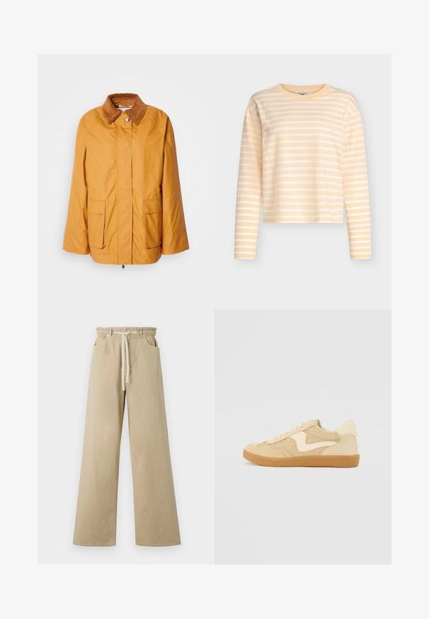 Veste légère jaune avec un col en velours côtelé marron, deux poches avant et une coupe droite. Tissu lisse avec des détails de couture minimaux.; Chemise à manches longues jaune pâle à rayures blanches. Tissu en coton doux, col rond et coupe décontractée.; Pantalon large beige en coton avec une taille élastiquée et un cordon de serrage. Il possède deux poches latérales et une texture lisse.; Sneaker beige avec des matériaux en daim et en maille, forme arrondie, col rembourré proéminent et semelle en caoutchouc gomme. Présente un accent de design en forme de vague.