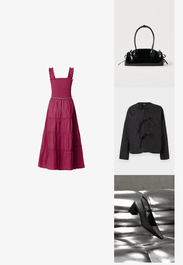 Veste matelassée noire à manches longues avec trois nœuds noués sur le devant, présentant un motif ondulé cousu et un col rond.; Robe longue sans manches rose foncé avec bustier smocké, bretelles à volants, jupe à volants et ceinture décorative en corde blanche à la taille.; Escarpin noir à bride arrière avec bout pointu, présentant une surface texturée et un talon bloc épais. Posé sur un fond métallique brillant.; Petit sac à main noir brillant avec deux longues anses et des détails à cordon sur les côtés sur un fond clair uni.