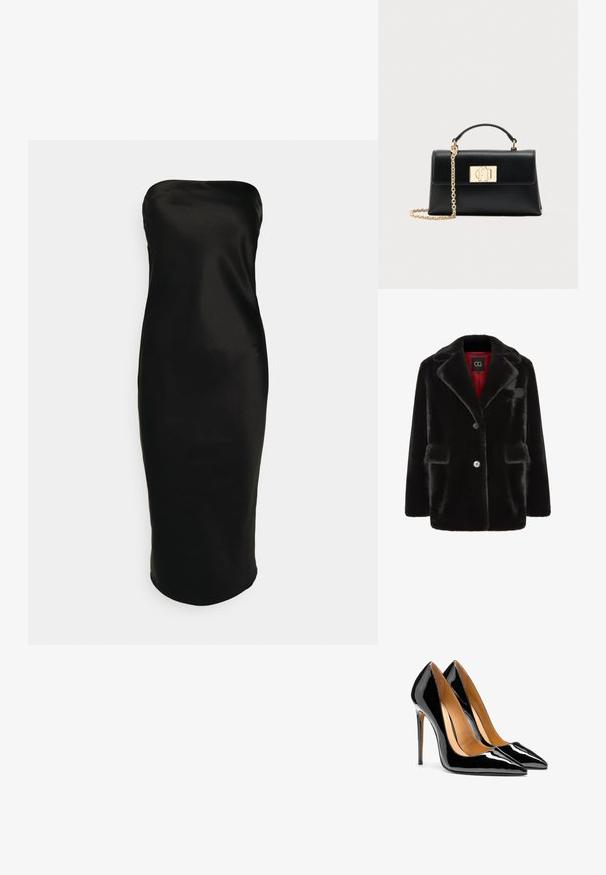 Cesare Gaspari Talvitakki - black; Gina Tricot TUBE MIDI DRESS - Juhlamekko - black; Pari kiiltäviä, mustia patenttinahkakenkiä, joissa on terävä kärki, korkeat piikkikorot ja vaaleanruskea sisävuori valkoisella taustalla.; Musta nahkainen käsilaukku, jossa on jämäkkä muoto, yläkahva ja kultainen ketjuhihna. Koristeelliset kultaiset metalliosat, joissa logoyksityiskohta.