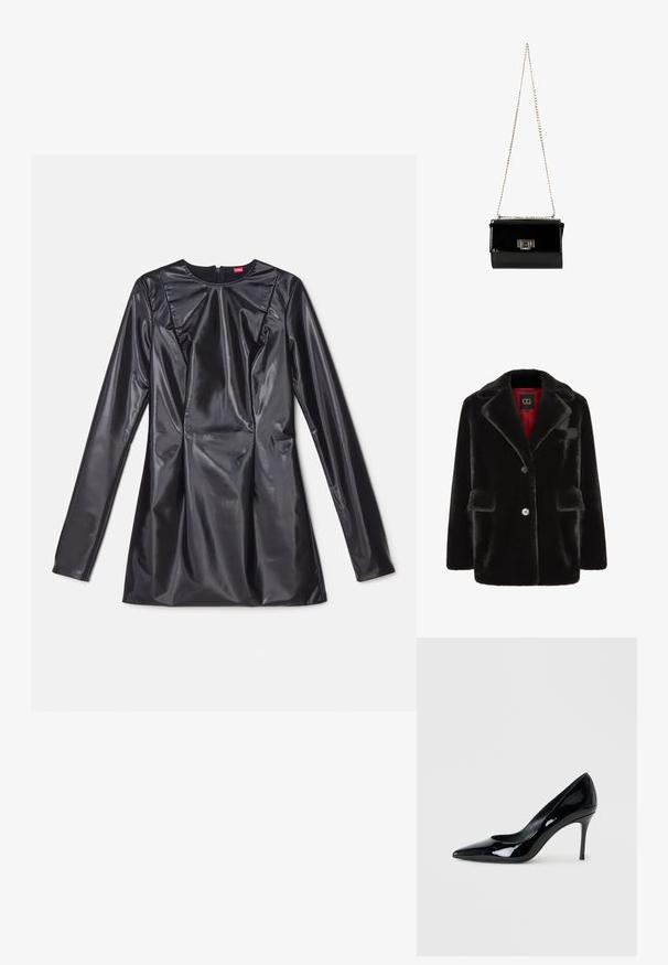 Cesare Gaspari Talvitakki - black; 032c TRAPEZE TOO TIGHT MINI DRESS - Juhlamekko - black luster; Musta lakattupatenttileather-pumppu, jossa on teräväkärkinen muoto ja hoikka stiletto-korko. Silkkinen pinta kiiltävällä viimeistelyllä ja minimalistinen muotoilu.; Mustat keinonahkaisen käsilaukku kultaketjuhihnalla, suorakulmainen muotoilu, jossa on etupuolella läppäkiinnitys ja metallinen logo-aksentti.