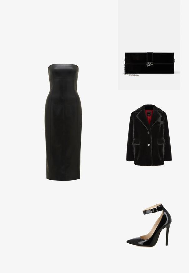 Cesare Gaspari Wintermantel - black; Schwarzes, trägerloses Lederkleid mit einer figurbetonten Silhouette, knielang, glatte Textur und vertikale Nähte für Definition.; Schwarze Lackleder-Pumps mit spitzem Zehenbereich, Knöchelriemen und schlankem Stiletto-Absatz. Glatte Textur und glänzende Oberfläche.; Glänzende schwarze rechteckige Clutch mit silbernem Kettenriemen und silberner, ineinander verschlungener Initial-Schließe an der vorderen Klappe.