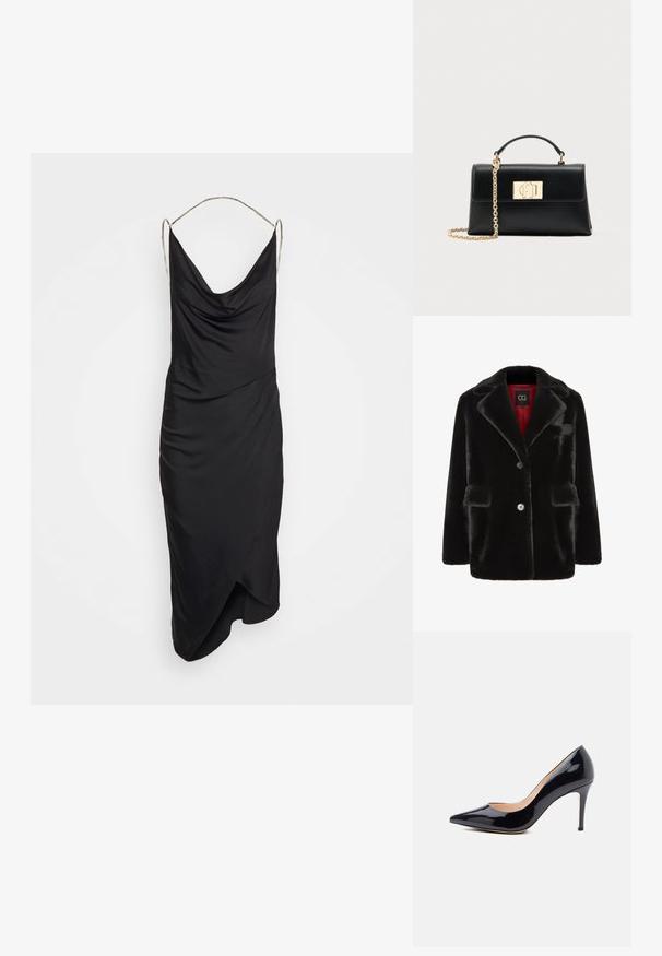 Cesare Gaspari Wintermantel - black; Et Ochs ILA CHAIN COWL NECK MIDI DRESS - Cocktailkleid/festliches Kleid - black; Schwarze Lackleder-Pumps mit einer spitzen Zehe, schlanker Stiletto-Absatz und glatter Oberfläche. Das Innere ist beige. Klassisches Design.; Schwarze Lederhandtasche mit einer strukturierten Form, die einen oberen Griff und einen goldfarbenen Kettenriemen besitzt. Dekorative goldene Beschläge mit Logodetail.