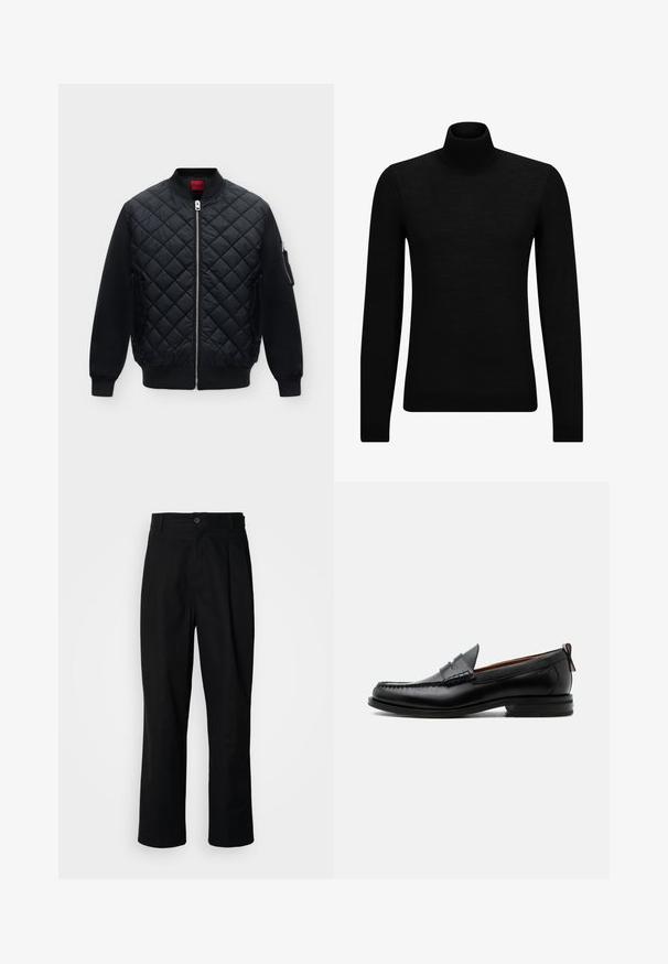 Veste bomber matelassée noire avec fermeture éclair argentée intégrale, col, poignets et bas côtelés, poches latérales et une poche zippée sur la manche gauche.; Pull à col roulé noir en matériau doux, avec des manches longues et une coupe ajustée. Finition côtelée au bas et aux poignets. Design simple.; Pantalons noirs à jambes droites avec une taille à bouton, passants de ceinture et pli avant, présentés sur un fond blanc uni.; Mocassin homme en cuir noir avec couture moc toe, bride penny, col texturé et petit talon empilé sur fond blanc.