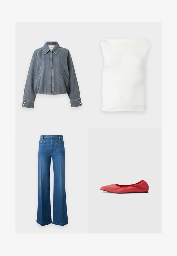 Veste courte en denim gris avec fermeture éclair devant, deux poches latérales inclinées, col pointu et poignets boutonnés.; Top tube blanc ajusté sans bretelles avec un décolleté droit et un tissu lisse, présenté sur un fond clair.; Jean bleu taille haute à jambes larges avec poches plaquées à l'avant et boutons décoratifs sur fond uni.; Filippa K REY FLATS - Ballerines - bright red
