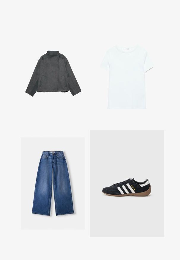 Veste en laine grise avec un col montant, des manches larges et deux poches avant. Le tissu semble texturé, offrant un design structuré et minimaliste.; T-shirt blanc uni en coton à manches courtes, col rond, présenté à plat sur un fond blanc, sans motifs ni logos visibles.; Jeans en denim bleu à jambes larges avec poches avant, passants de ceinture et fermeture par bouton, posés à plat sur un fond clair.; Baskets en daim noir avec trois bandes blanches, semelle en caoutchouc beige, et un petit logo doré sur le côté. Dotées d'une doublure intérieure noire lisse.