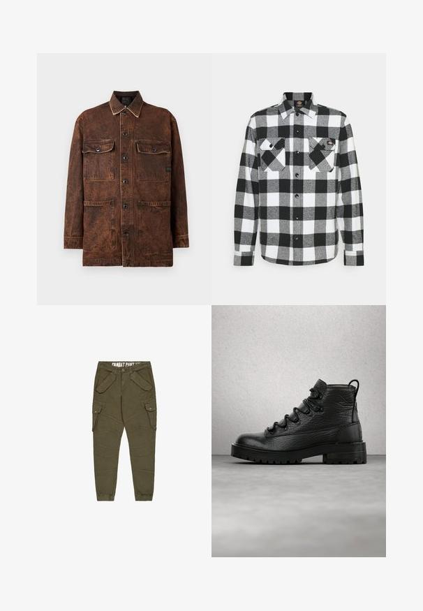 Braune Denimjacke mit vier Vorderaschen, Knopfverschluss und einer dezenten, abgenutzten Textur. Sie verfügt über Kontrastnähte und einen klassischen Kragen.; Schwarz-weißes Flanellhemd mit Karomuster, ausgestattet mit zwei Brusttaschen, Knopfleiste und Kragen. Weicher, strukturierten Stoff.; Olivgrüne Cargo-Hosen mit schmal zulaufendem Bein, die über mehrere Klappentaschen, einen Knopfverschluss und elastische Bündchen verfügen; aus strukturiertem Baumwollmaterial.; Schwarze Leder-Stiefeletten mit strukturiertem Obermaterial, sechs Ösen und einer robusten Sohle. Mit einer Fersenschlaufe für einfaches An- und Ausziehen.