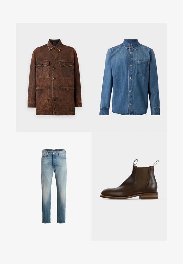 Brun denimjakke med fire frontlommer, knaplukning og en subtil slidt tekstur. Den har kontrastsying og en klassisk krave.; Blå denimskjorte med lange ærmer, knapper foran, spids krave og enkelt brystlomme på hvid baggrund.; Lyseblå lige jeans med knap- og lynlåsåbning, bælteløkker samt for- og baglommer, vist på en hvid baggrund.; Mørkebrun læder Chelsea-støvle med elastisk sidepanel, trækstropper foran og bagpå, lav stablet hæl og rundet snude.