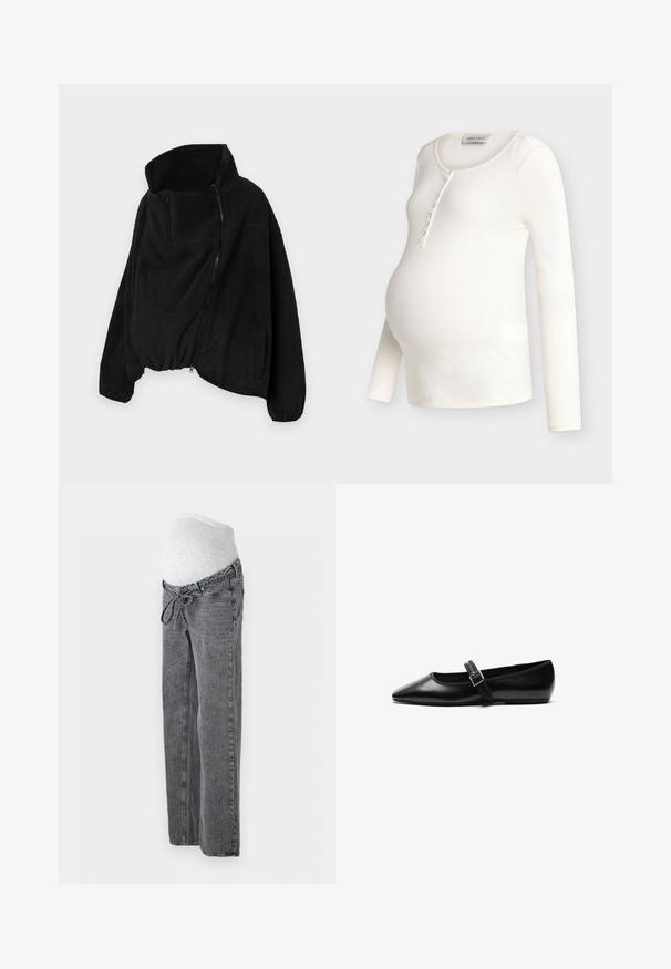 Veste en polaire noire avec col montant, fermeture éclair sur le devant et ourlet élastique. Présente une poche sur la poitrine et des poches latérales. Tissu doux et texturé.; Haut de maternité à manches longues côtelées de couleur crème, avec encolure dégagée et patte de boutonnage, conçu pour s'adapter à un ventre de femme enceinte.; Vero Moda Maternity Wide-leg maternity Wide Leg Fit - Jean boyfriend - medium grey denim; Chaussure noire plate en cuir avec un bout pointu, bride réglable avec une boucle en métal, texture lisse et design minimaliste.