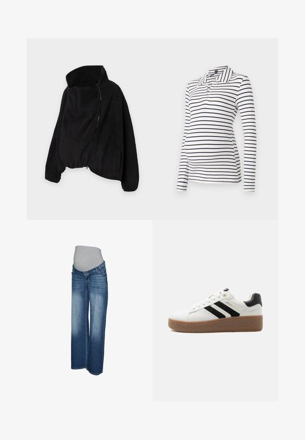 Sort fleecejakke med høj krave, lynlås foran og elastisk kant. Har en brystlomme og sidelommer. Blødt, struktureret stof.; Langærmet graviditetspolo med hvide og navy vandrette stripes, ribbet tekstur og krave med halvknaplukning.; Graviditetsjeans i lys til mørkeblå denim. Bredbenet design med en grå elastisk linning for komfort og stræk. Ingen synlige metaldele.; Hvid lavsko med sorte striber, brun gummiydersål, snørelukning foran og polstret sort hælkappe.