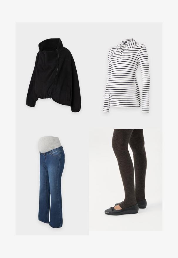 Sort fleecejakke med høj krave, lynlås foran og elastisk kant. Har en brystlomme og sidelommer. Blødt, struktureret stof.; Langærmet graviditetspolo med hvide og navy vandrette stripes, ribbet tekstur og krave med halvknaplukning.; Graviditetsjeans i mørkeblå denim med en grå strækbar talje, der har et lige ben-design og forlommer.; Ben iført mørke ribbede leggings kombineret med sorte balletsko med små sløjfedetaljer på hvid baggrund.