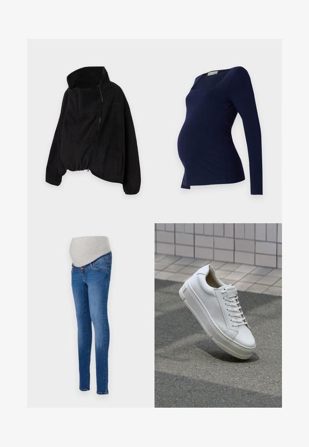 Sort fleecejakke med høj krave, lynlås foran og elastisk kant. Har en brystlomme og sidelommer. Blødt, struktureret stof.; Anna Field MAMA Langærmet T-shirt - dark blue; Graviditetsjeans i blå denim med en tætsiddende pasform. Har en grå strækpanel for komfort. Klassisk fem-lomme design med let falmning.; Hvide lædersneakers med lavt design, flade snører, rund tå og strukturerede sider. Tyk gummisål med diskrete detaljer.
