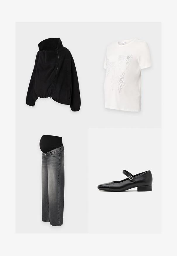 Sort fleecejakke med høj krave, lynlås foran og elastisk kant. Har en brystlomme og sidelommer. Blødt, struktureret stof.; Hvid bomulds t-shirt med korte ærmer, der har et design af blade omrids i små metalliske studs. Rund halsudskæring, afslappet pasform.; Graviditetsjeans i falmet sort denim med en strækbar sort talje for støtte. Vidde ben design med standard forlommer.; Sorte læder Mary Jane-sko med en patenttå, justerbar ankelrem og lav blokhæl. Glat tekstur og strømlinet design.