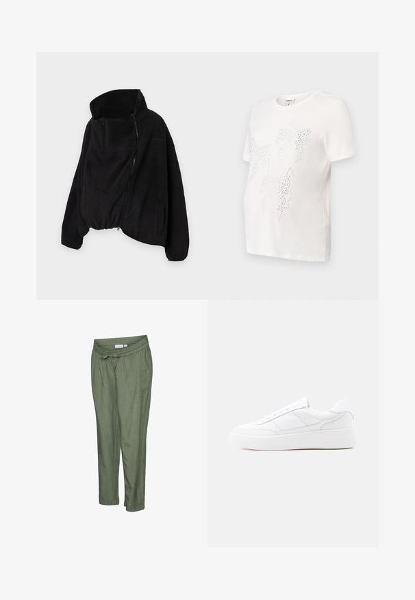 Sort fleecejakke med høj krave, lynlås foran og elastisk kant. Har en brystlomme og sidelommer. Blødt, struktureret stof.; Hvid bomulds t-shirt med korte ærmer, der har et design af blade omrids i små metalliske studs. Rund halsudskæring, afslappet pasform.; Letvægtsbukser i olivengrøn med en afslappet pasform. Har elastisk talje med snøre, opbukket kant og sidelommer.; Hvid lavtop-sneaker med tyk sål, snørelukning og diskrete syningsdetaljer på en ensfarvet lys baggrund.