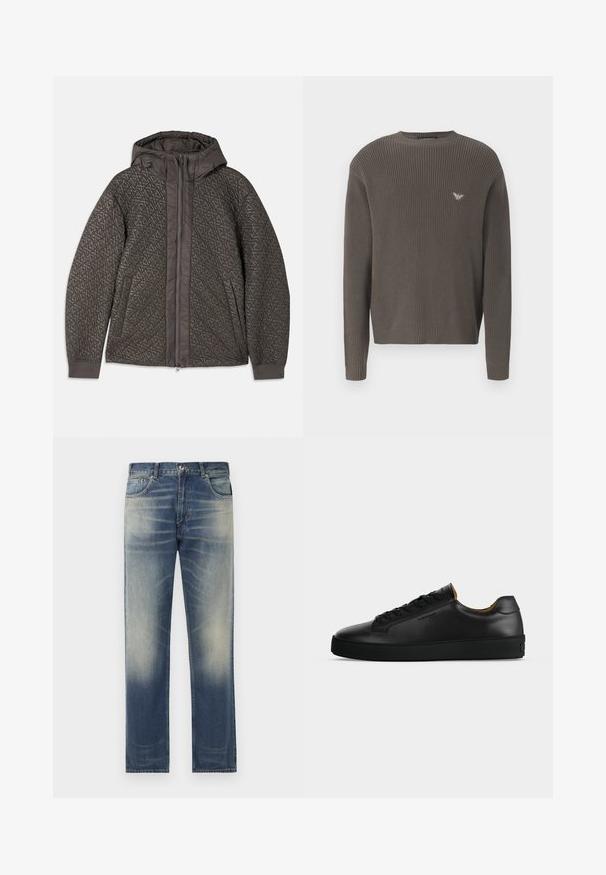 Chaqueta acolchada gris oscuro con capucha, que presenta un patrón geométrico, cierre de cremallera completa y puños elásticos. Tejido suave y texturizado.; Suéter de punto verde oscuro con cuello redondo, puños y dobladillo acanalados, que presenta un pequeño logo en el pecho. Tejido texturizado con una forma ajustada.; Vaqueros de denim azul con corte recto, que presentan un ligero desgastado y detalles de desgaste en el frente, diseño de cinco bolsillos y presillas para el cinturón.; Zapatilla negra de piel de corte bajo con cordones negros, suela de goma texturizada y pequeño logo en relieve en el lateral, mostrada de perfil sobre fondo gris.