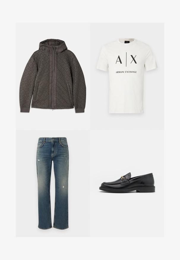 Gevoerd donkergrijs jack met een capuchon, voorzien van een geometrisch patroon, volledige ritssluiting en elastische manchet. Zachtheid in de textuur van de stof.; Wit T-shirt van katoen met korte mouwen, met zwart "A|X"-logo en de tekst "Armani Exchange" gecentreerd op de voorkant.; Spijkerbroeken in medium blauw met een rechte snit, met lichte vervaging en versleten stukken. Klassiek vijf-pocket ontwerp en sluiting met bovenste knoop.; Zwarte leren instappers met een ronde neus, voorzien van een gouden hardware accent en stikdetails, geplaatst op een lage, getextureerde rubberen zool.