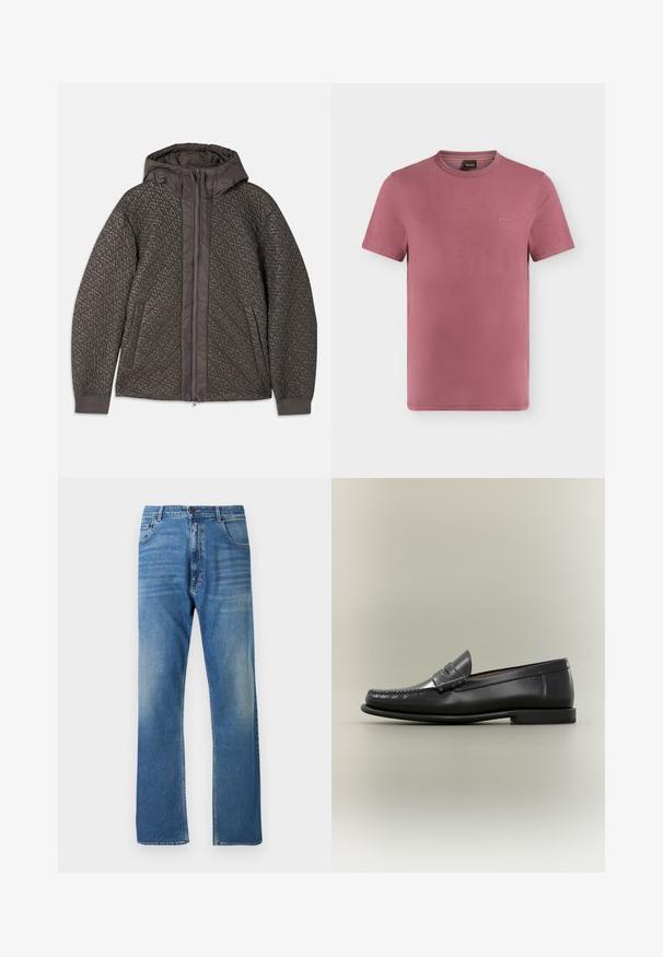 Veste matelassée gris foncé avec capuche, présentant un motif géométrique, fermeture éclair intégrale et poignets élastiques. Tissu doux au toucher.; T-shirt mauve à manches courtes col rond avec petit logo BOSS embossé sur la poitrine gauche et étiquette logo orange à l’intérieur du col.; Jean en denim bleu, coupe droite, légère décoloration, style cinq poches standard, avec bouton en métal et fermeture éclair. Pas de motifs ou accents visibles.; Mocassin pour homme en cuir noir avec un design moc-toe, une lanière à monnaie et un talon bas sur un fond neutre.