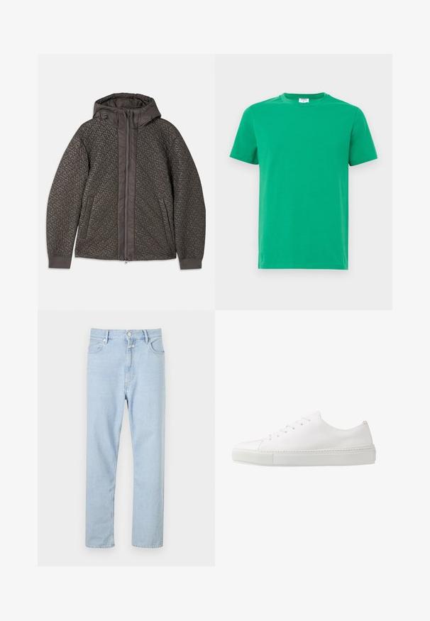 Veste matelassée gris foncé avec capuche, présentant un motif géométrique, fermeture éclair intégrale et poignets élastiques. Tissu doux au toucher.; T-shirt en coton vert à manches courtes, col rond et texture lisse. Design simple sans motifs ni embellissements.; Jeans droit en denim bleu clair, dotés d'une fermeture à boutons et à zip, de cinq poches et d'une légère décoloration sur le tissu.; Baskets en cuir blanc avec une finition lisse, bout rond et six œillets pour les lacets. Présente une semelle en caoutchouc texturée et un design minimaliste.