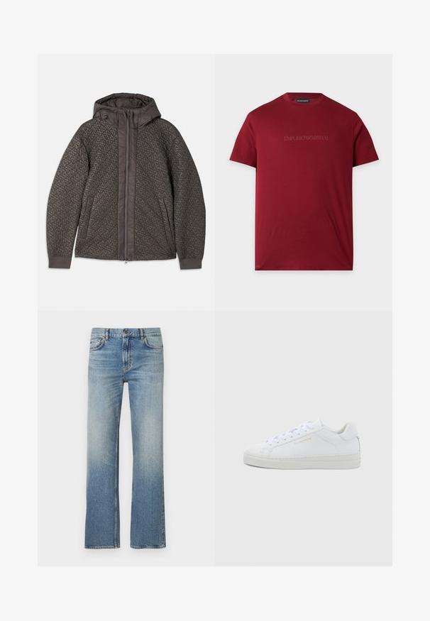 Gevoerd donkergrijs jack met een capuchon, voorzien van een geometrisch patroon, volledige ritssluiting en elastische manchet. Zachtheid in de textuur van de stof.; Bordeauxkleurig Emporio Armani T-shirt met korte mouwen, ronde hals en subtiel geborduurd logo op de borst.; Lichtblauwe spijkerbroek met een rechte pijp, voorzien van een vervaagde finish, klassiek ontwerp met vijf zakken en contrasterende stiksels.; Witte leren lage sneakers met een ronde neus, platte veters, een gestructureerde zool en subtiele gouden branding aan de zijkant. Gladde oppervlakte en minimalistisch ontwerp.