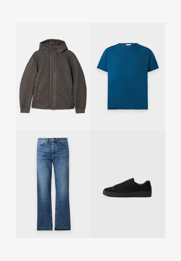 Gevoerd donkergrijs jack met een capuchon, voorzien van een geometrisch patroon, volledige ritssluiting en elastische manchet. Zachtheid in de textuur van de stof.; Blauw T-shirt met korte mouwen en een ronde hals, met een effen ontwerp, plat gelegd op een witte achtergrond.; Blauwe denim jeans met een rechte pasvorm, vijf zakken, knoop- en ritsluiting, en subtiele vervaging op de dijen en knieën.; Zwarte suède sneakers met een platte, gestructureerde zool, een ronde neus, zes oogjes voor veters en een minimalistisch ontwerp.