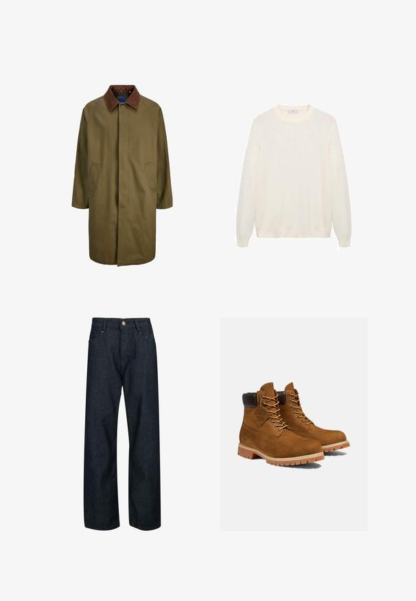 Manteau vert olive avec col en cuir suédé marron, fermeture à boutons sur le devant et deux poches latérales ; présente une coupe droite et un design mi-long.; Pull crème en tricot doux, avec un col rond, des manches longues et des poignets et un bas côtelés. Design simple sans motifs.; Jean en denim bleu foncé avec une coupe droite, doté d'une fermeture par bouton, de cinq poches et de coutures contrastées sur les coutures.; Bottines en daim marron avec un col rembourré noir, œillets dorés et semelle en caoutchouc épais avec un motif à crampons pour l'adhérence.