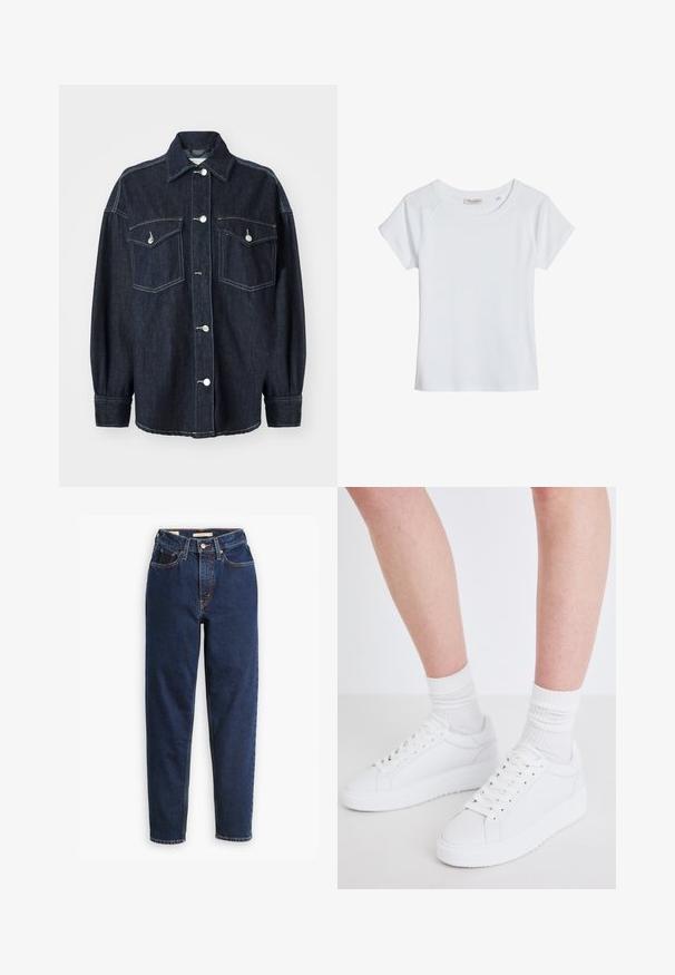 Veste en denim bleu foncé avec deux poches poitrine, boutons en argent, col pointu et manches longues avec poignets fuselés. Texture douce.; T-shirt blanc uni à manches courtes, col rond, coupe ajustée et coutures raglan discrètes sur les épaules.; Jean en denim bleu foncé avec une taille haute, un design à cinq poches et des jambes droites. Couture contrastée et fermeture à boutons.; Copenhagen Studios CPH72 - Baskets basses - white
