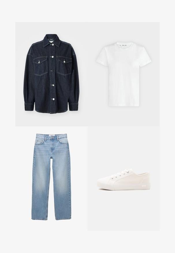 Veste en denim bleu foncé avec deux poches poitrine, boutons en argent, col pointu et manches longues avec poignets fuselés. Texture douce.; T-shirt blanc uni à manches courtes et col rond, posé à plat sur un fond gris clair, montrant le devant avec l'étiquette à l'intérieur du col.; Jean en denim bleu clair avec une coupe droite, style cinq poches et des détails de couture visibles. Le tissu a une texture douce et légèrement décolorée.; Baskets basses en toile blanche avec semelle en caoutchouc blanche et lacets blancs, présentées sur un fond clair uni.