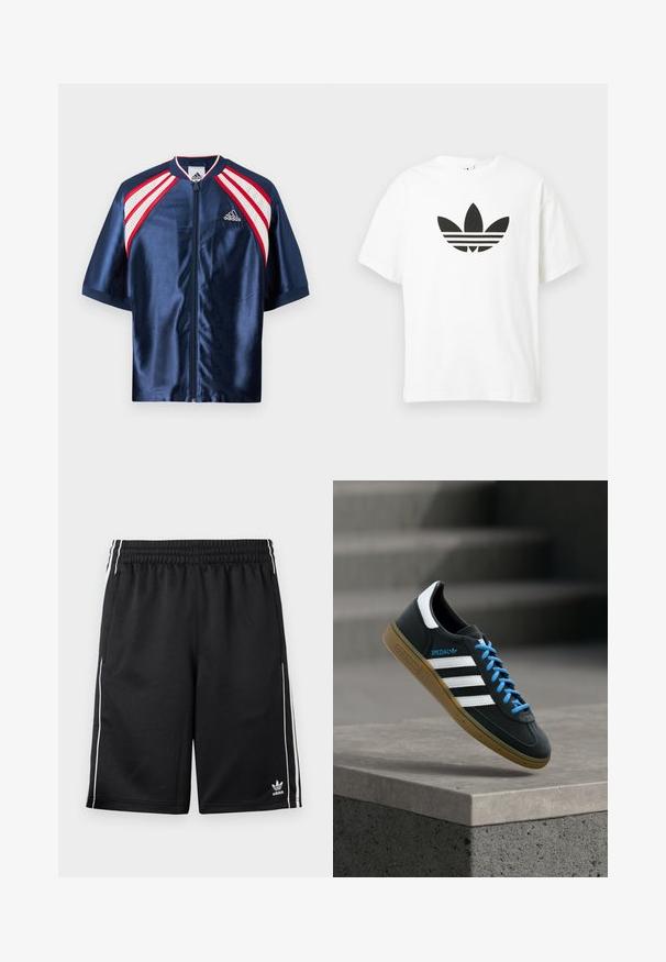 Merin satiininen urheilutakki lyhyillä hihoilla, jossa on valkoinen verkkokangas ja punaiset yksityiskohdat hartioilla, vetoketj closure ja Adidas-logo rinnassa.; Valkoinen puuvillateeppari, jossa on suuri musta Adidas-trefoil-logo ja kolme vaakasuoraa raitaa alla. Lyhyet hihat, pyöreä kaula-aukko.; Mustat Adidas-urheilushortsit, joissa valkoiset sivuraidat, joustava vyötärönauha, sivutaskut ja Adidas-logo vasemman alajalan kohdalla.; Musta Adidas-tennari valkoisilla raidoilla, sinisillä nauhoilla ja kumipohjalla kelluu pehmeässä valossa harmaan betonisen portaan yllä.