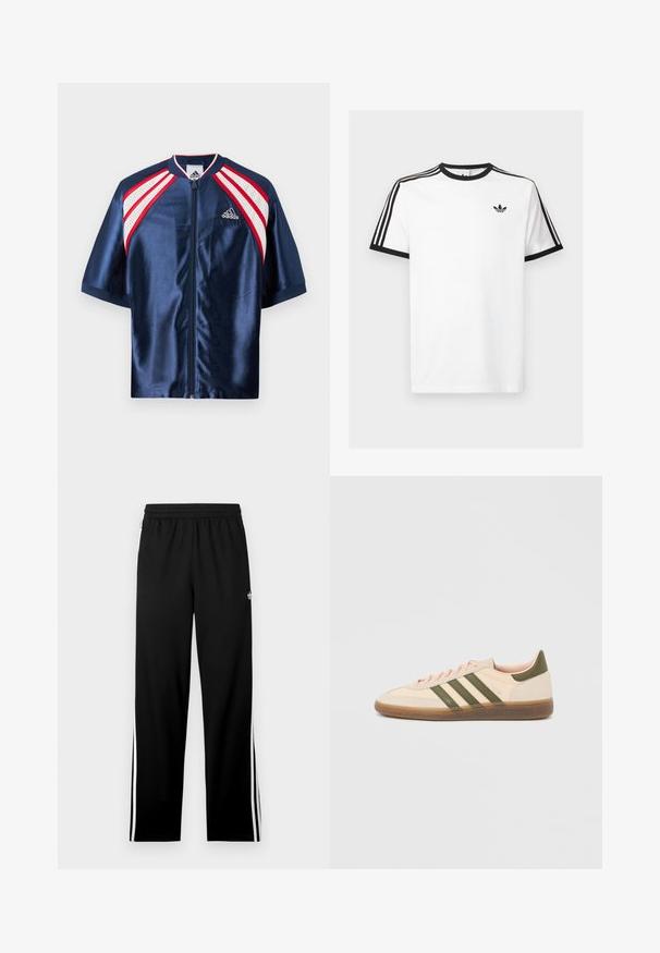 Merin satiininen urheilutakki lyhyillä hihoilla, jossa on valkoinen verkkokangas ja punaiset yksityiskohdat hartioilla, vetoketj closure ja Adidas-logo rinnassa.; Valkoinen puuvillapaita, jossa on mustat ribbiääriviivat kauluksessa ja hihoissa, ja kummassakin olkapäässä kolme mustaa raitaa sekä pieni logo rinnassa.; Mustat urheiluhousut, jotka on valmistettu verkkokankaasta. Housuissa on suora leikkaus, joustava vyötärönauha ja valkoiset sivuraidat. Urheilulogo näkyvissä.; Matala profiilinen beige Adidas Spezial -lenkkarit vihreillä raidoilla, kumipohjalla ja "SPEZIAL"-logolla sivussa, kuvattuna ulkopuolelta.