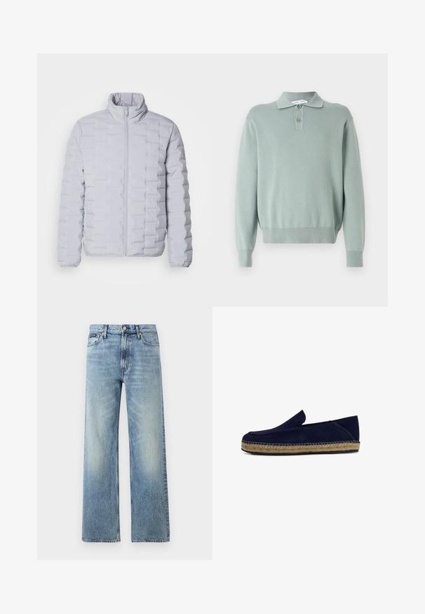 Chaqueta de plumas gris claro con un cuello alto, patrón de acolchado horizontal, cremallera frontal y puños elásticos. Fabricada con un material suave y brillante.; Suéter de punto verde claro con cuello tipo polo, dos botones, puños y dobladillo acanalados. Textura suave y ajuste relajado.; Vaqueros de mezclilla azul claro de corte recto con cintura alta, cinco bolsillos, cierre de botón y sutil desgaste en los muslos y las rodillas.; Zapato masculino azul marino de ante tipo slip-on con suela de yute trenzado y detalles cosidos, fotografiado de perfil sobre fondo blanco.