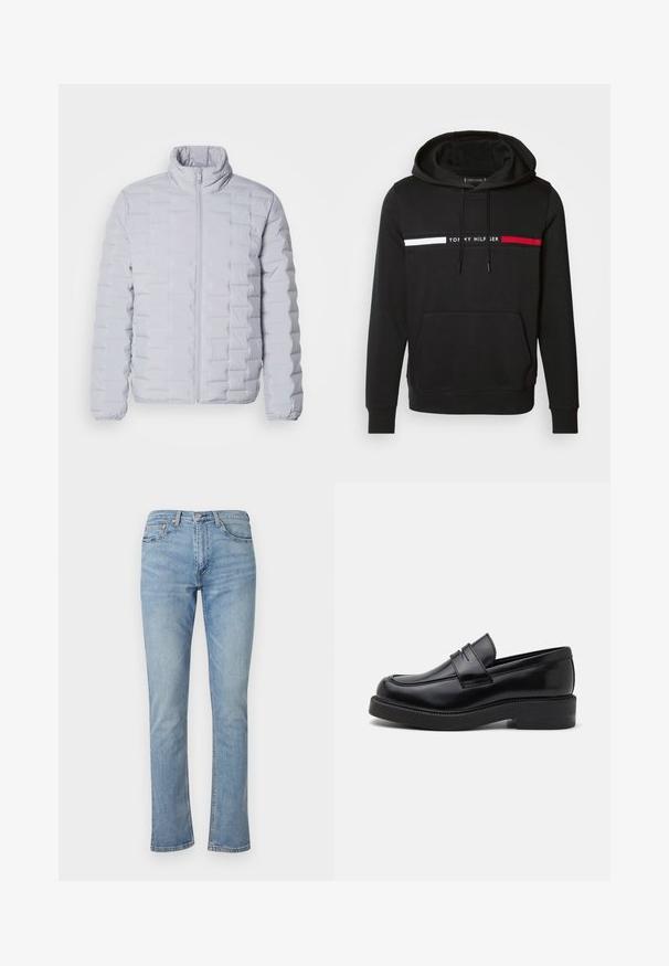 Chaqueta de plumas gris claro con un cuello alto, patrón de acolchado horizontal, cremallera frontal y puños elásticos. Fabricada con un material suave y brillante.; Sudadera negra con capucha, bolsillo delantero tipo canguro, cordones en la capucha y franjas horizontales blancas y rojas a los lados del logo "Tommy Hilfiger" en el pecho.; Vaqueros de mezclilla azul claro con corte recto, cinco bolsillos y cierre de botones, sobre un fondo liso.; Mocasín de cuero negro con punta redondeada, costura decorativa en la parte frontal y suela de goma gruesa. Textura suave con un acabado pulido.